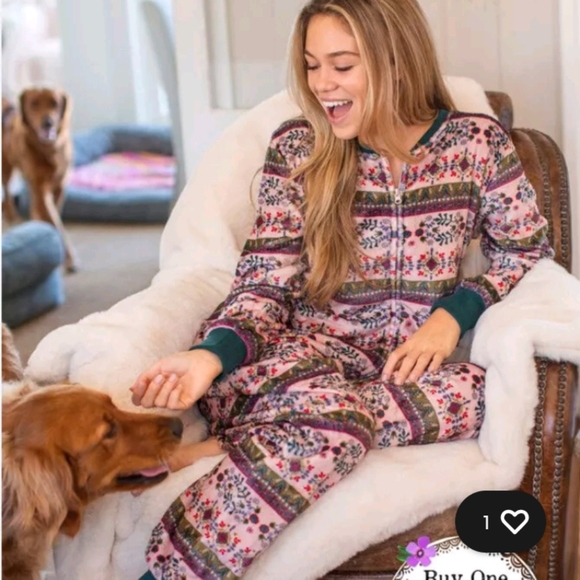 Natural Life Plush Pink Fluffy Nordic Fair Isle Zip Front Jumpsuit Size Large - Picture 1 of 9